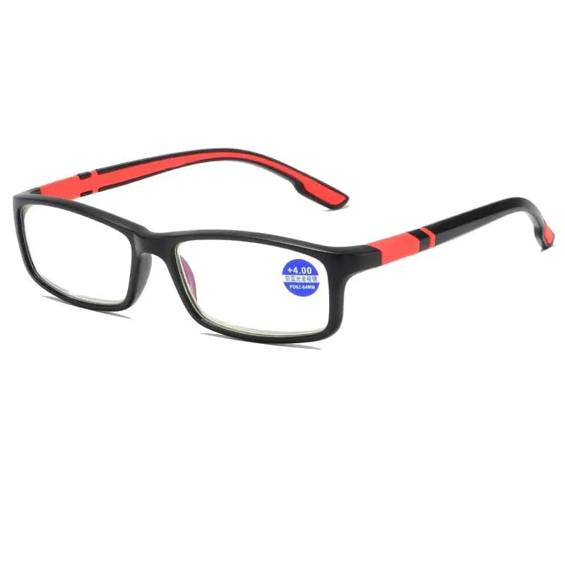 Unisex KLASSNUM sports anti-blue light reading glasses with black and red TR90 frame, designed for presbyopia, shown in image.