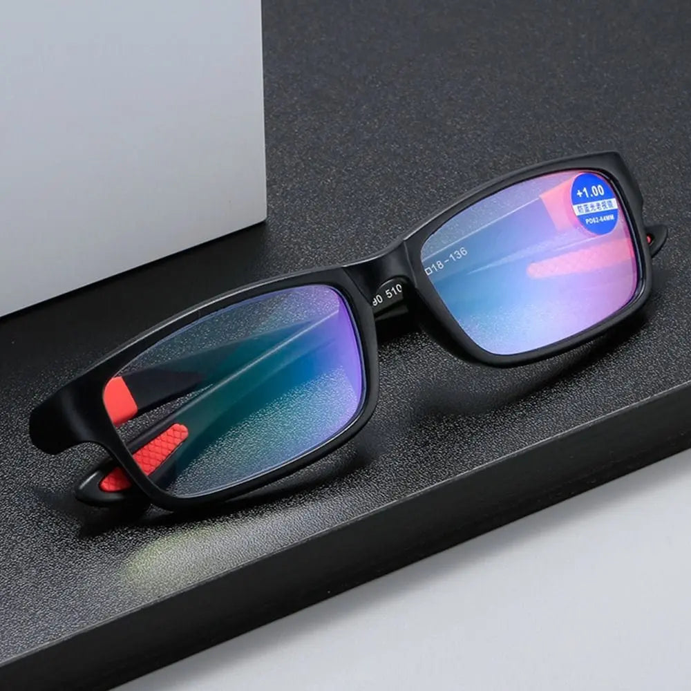 Showlu Fashion KLASSNUM sports anti-blue light reading glasses with black and red TR90 frame for men and women.