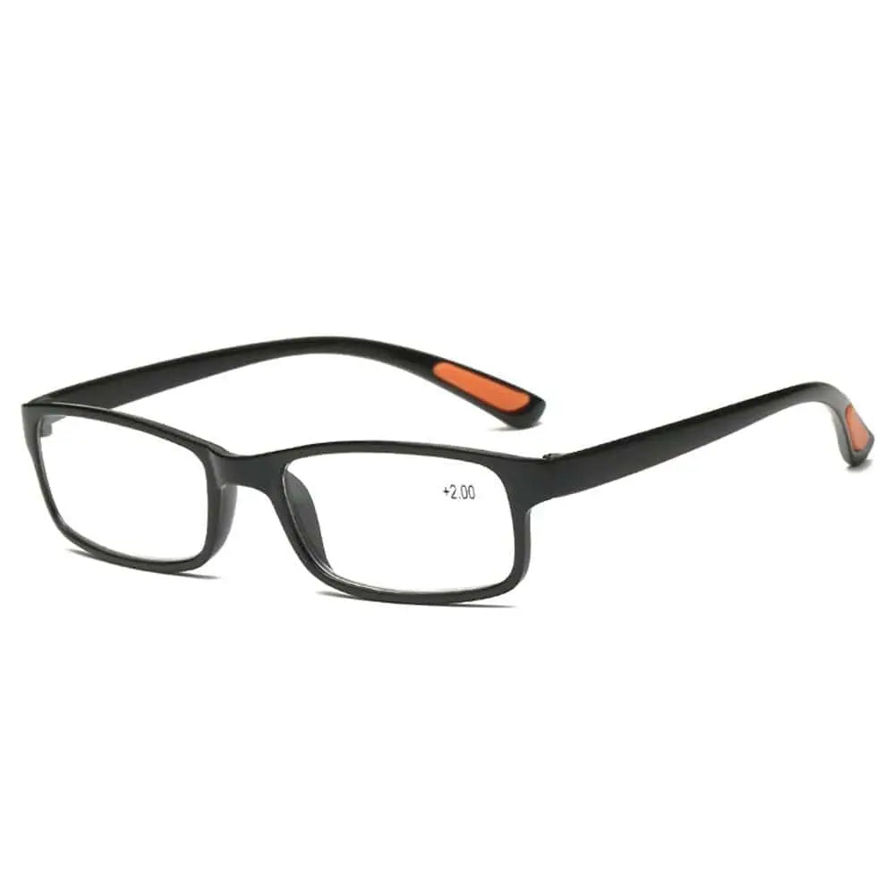 Showlu Fashion KLASSNUM sports anti-blue light reading glasses with black and red TR90 frame for unisex presbyopia use.