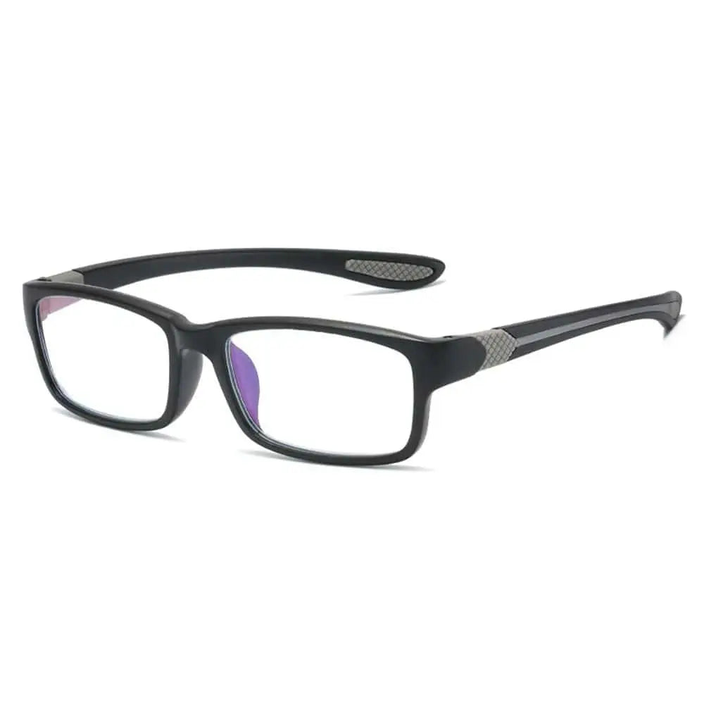 Unisex KLASSNUM sports anti-blue light reading glasses with black and red TR90 frame for men and women, designed for presbyopia.