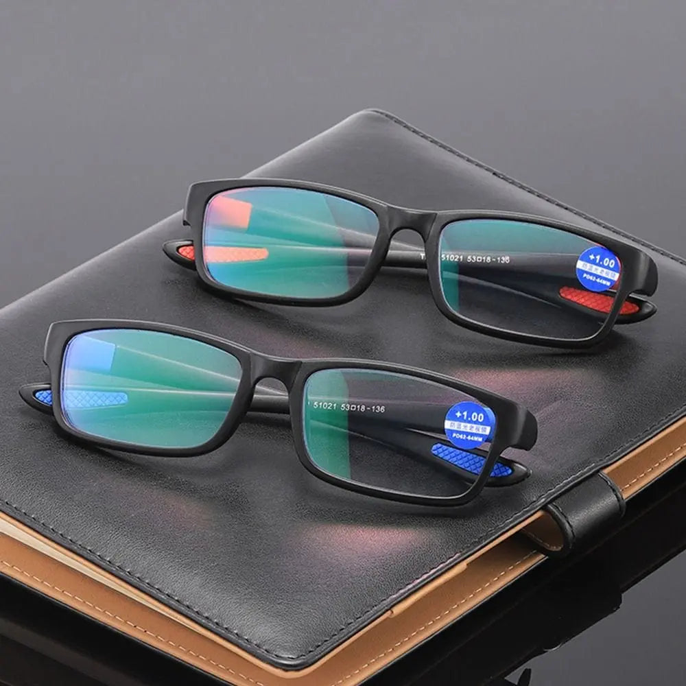 Unisex KLASSNUM sports anti-blue light reading glasses with black and red TR90 frame, suitable for men and women.