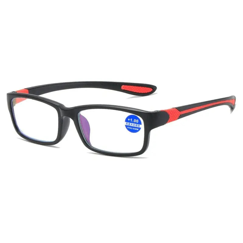 Unisex KLASSNUM sports anti-blue light reading glasses with black and red TR90 frame, suitable for men and women.