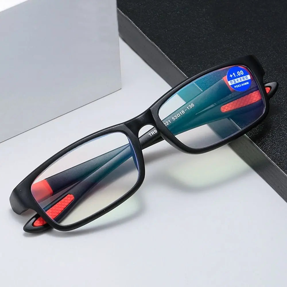 Showlu Fashion Store KLASSNUM sports anti-blue light reading glasses with black and red TR90 frame for men and women.