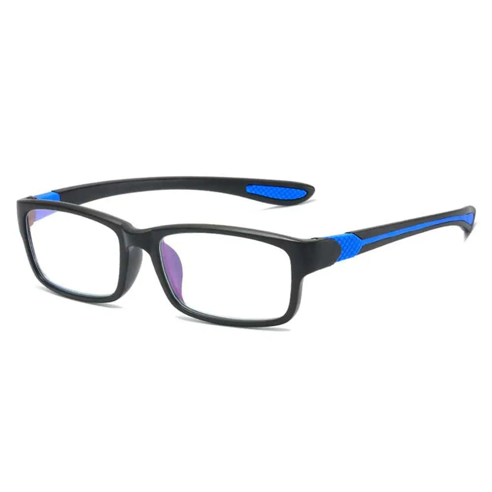 Unisex KLASSNUM sports anti-blue light reading glasses with black and red TR90 frame, suited for men and women.