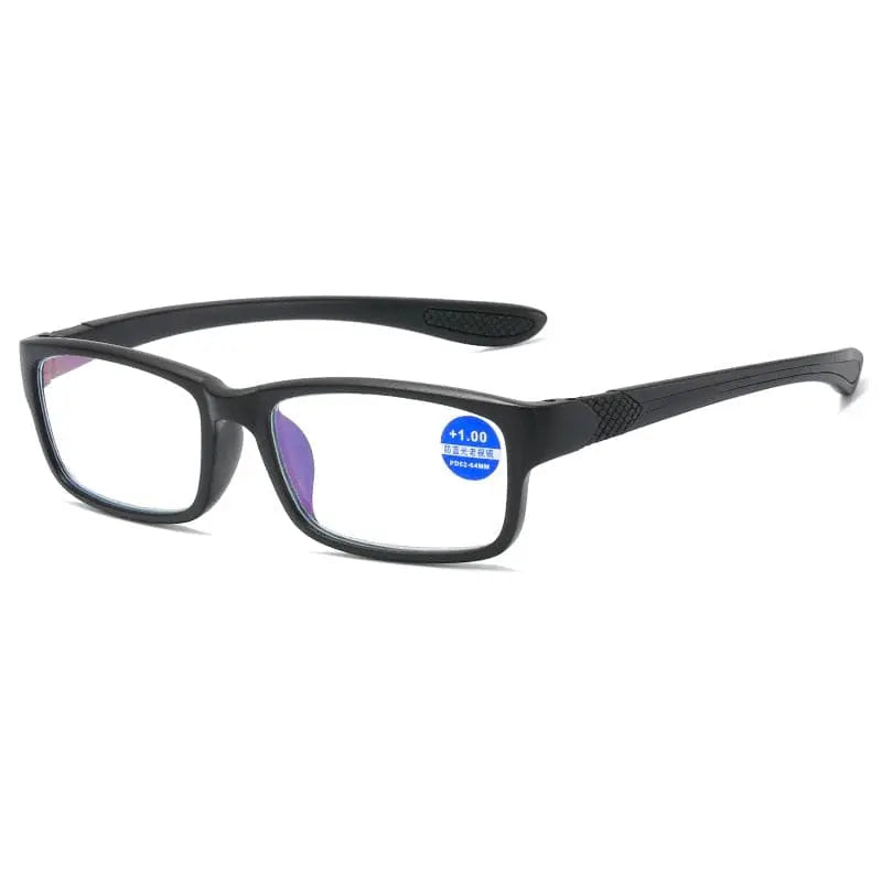 Showlu Fashion KLASSNUM unisex sports anti-blue light reading glasses with black and red TR90 frame for men and women.