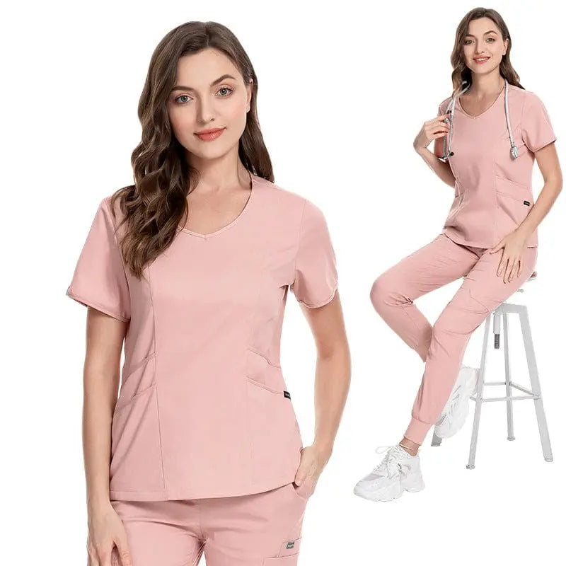 Showlu Long Sleeve Zip Up Scrubs Set for doctors and nurses, featuring winter medical uniform with front pockets and comfortable fit.