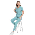 Showlu Long Sleeve Zip Up Scrubs Set for doctors and nurses, featuring pockets and winter medical uniform design.