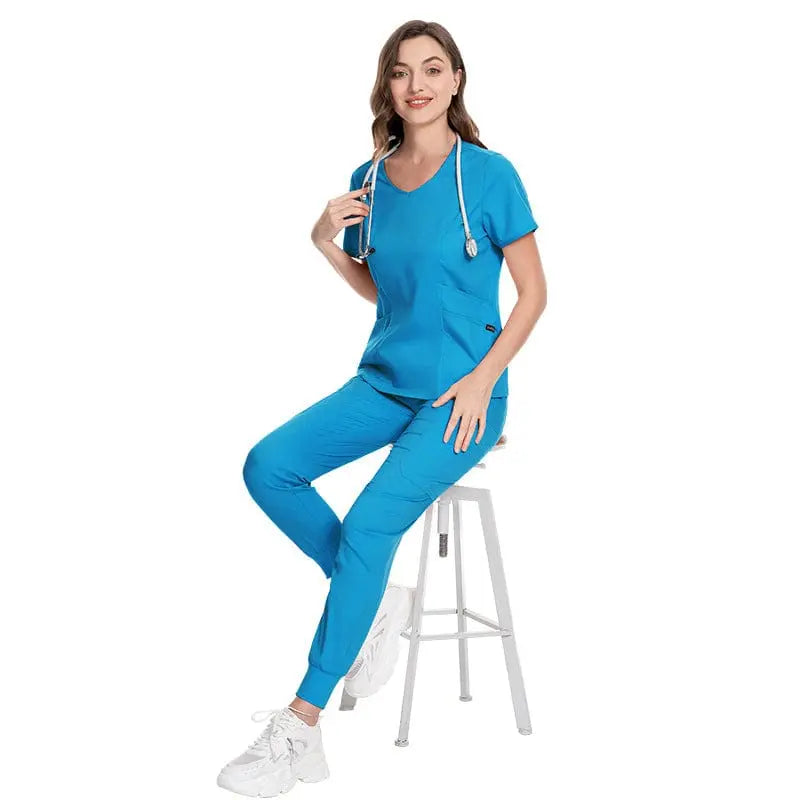 Showlu Long Sleeve Zip Up Scrubs Set with pockets, ideal for doctors and nurses, designed for winter medical uniforms.