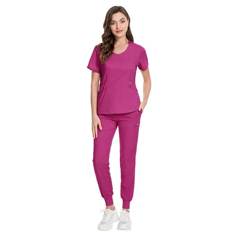 Showlu long sleeve zip-up scrubs set with pockets, designed for doctors and nurses, suitable for winter medical uniforms.