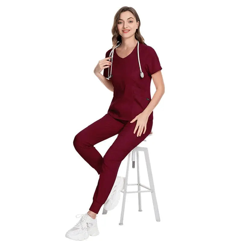 Showlu long sleeve zip-up scrubs set for doctors and nurses with pockets, suitable for winter medical uniforms.