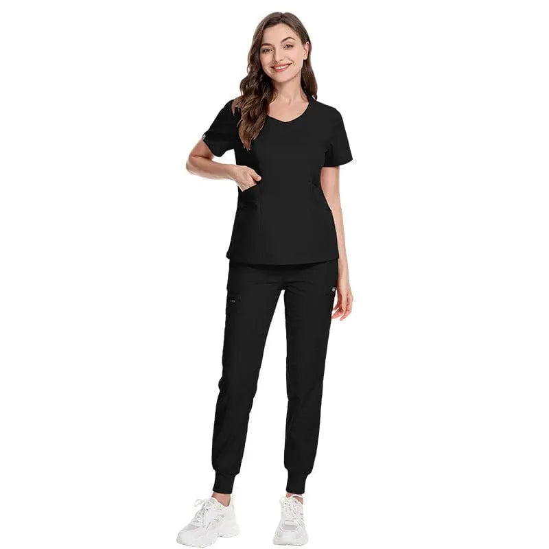 Showlu long sleeve zip-up scrubs set with pockets, ideal winter medical uniform for doctors and nurses, in a professional medical setting