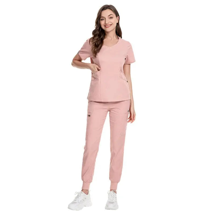 Showlu long sleeve zip-up medical scrubs set with pockets, designed for doctors and nurses, winter uniform for healthcare professionals.