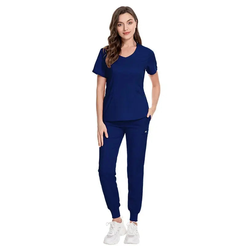 Showlu long sleeve zip-up scrubs set for doctors and nurses with front pockets, ideal for winter medical uniforms.