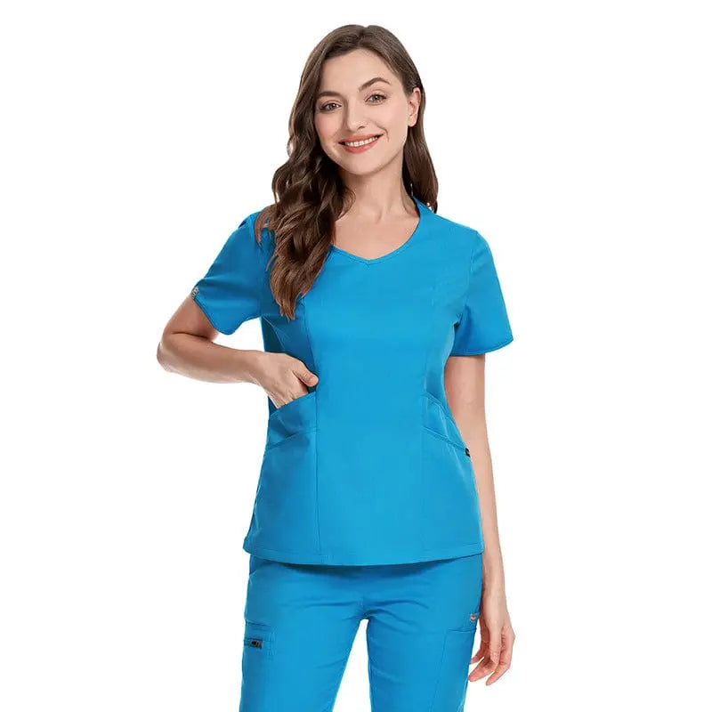 Showlu long sleeve zip-up scrubs set with pockets, designed for doctors and nurses, ideal for winter medical uniforms.