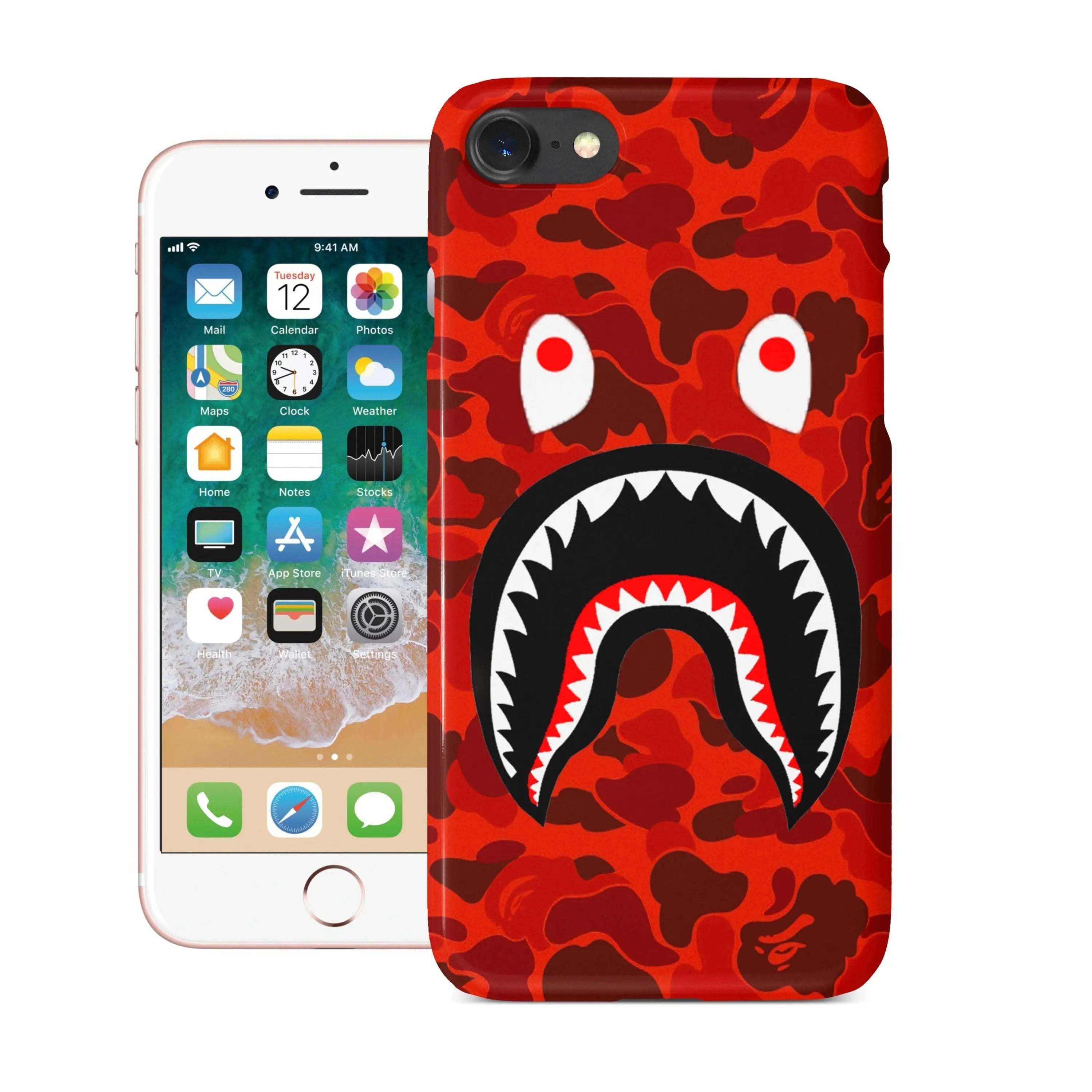 White Libra white TPU silicone iPhone case with red camo shark mouth design, durable and protective tech accessory.