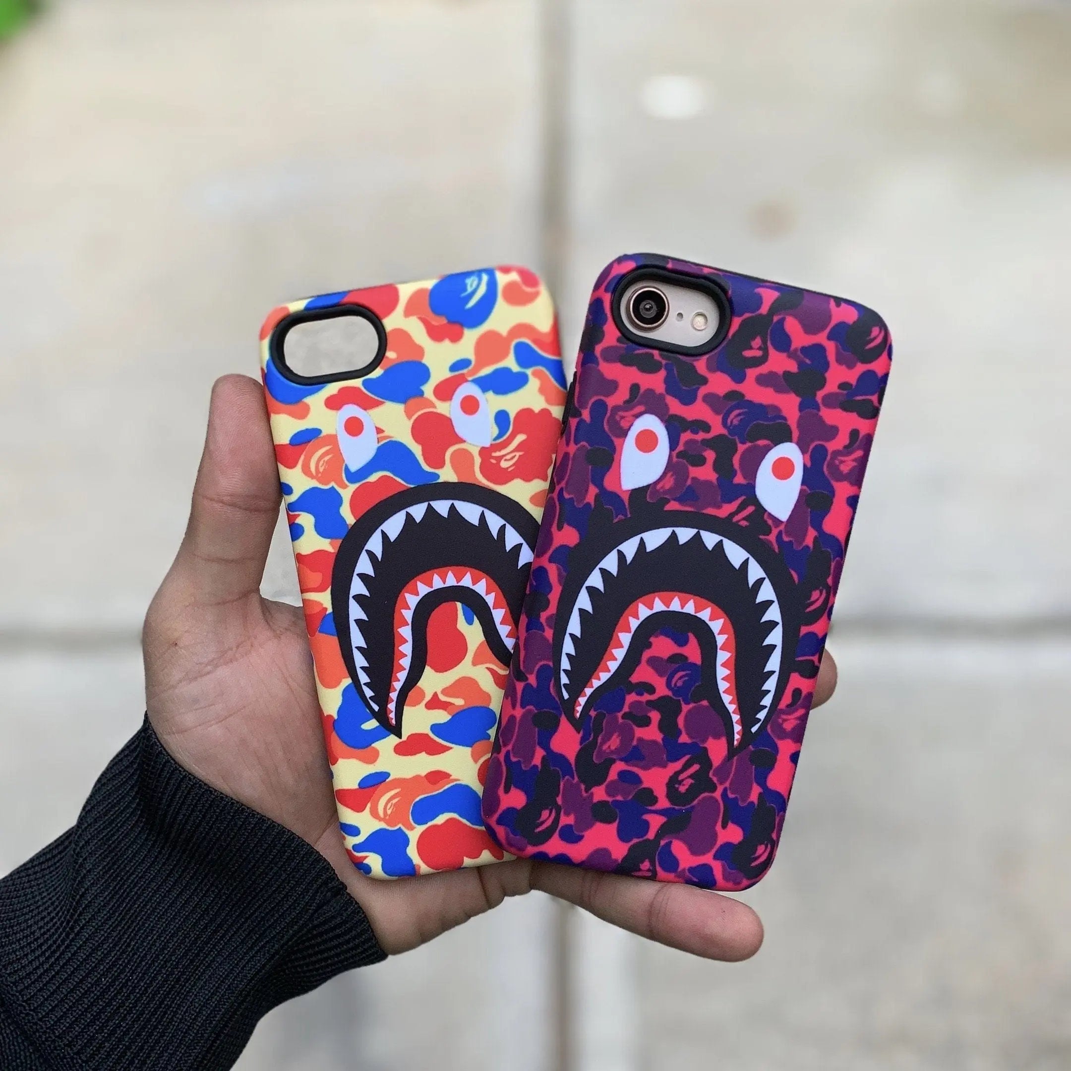 White Libra red camo shark mouth iPhone case made of durable TPU silicone, featuring a bold shark design and camo pattern.
