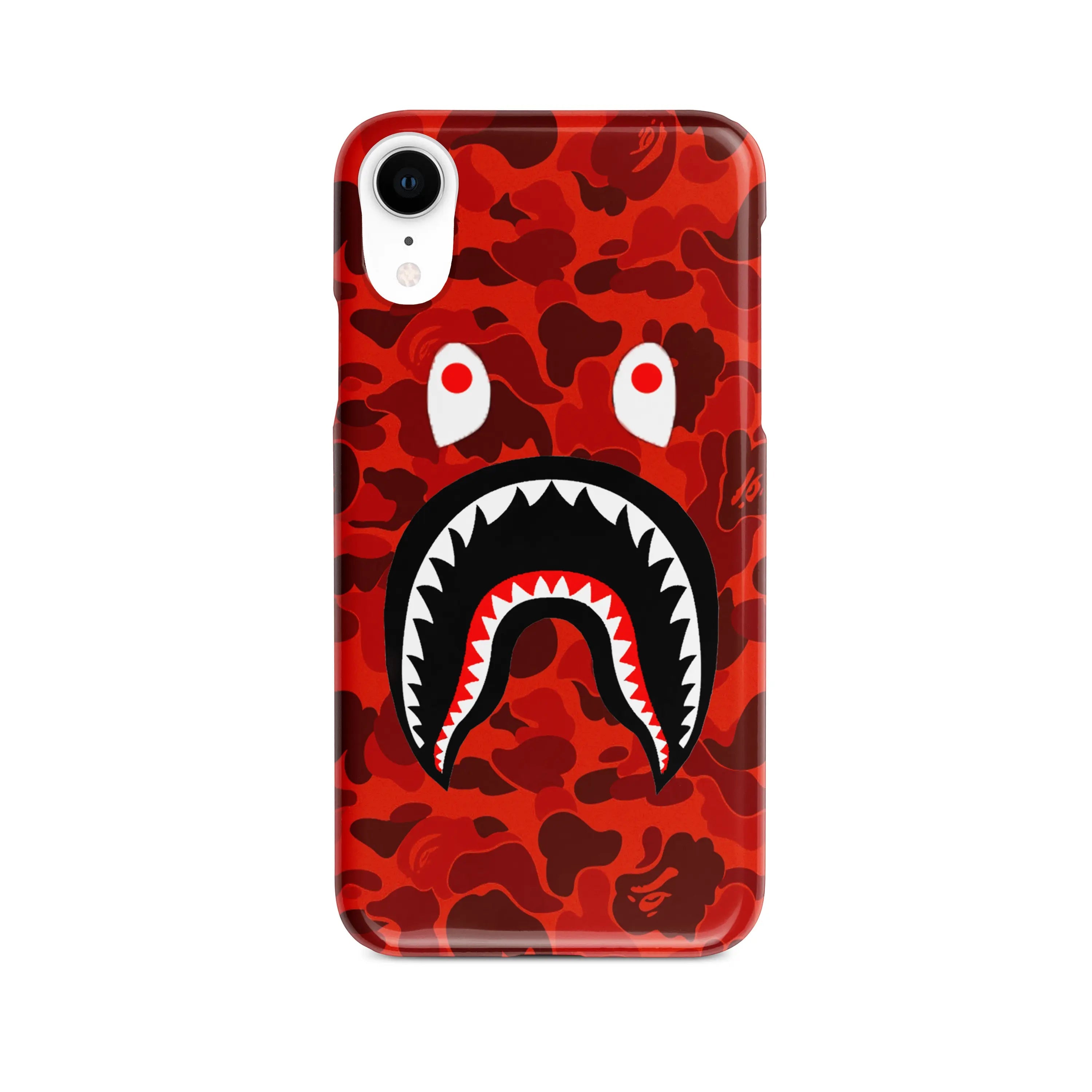 White Libra white TPU silicone iPhone case with red camo shark mouth design, durable and protective tech accessory.