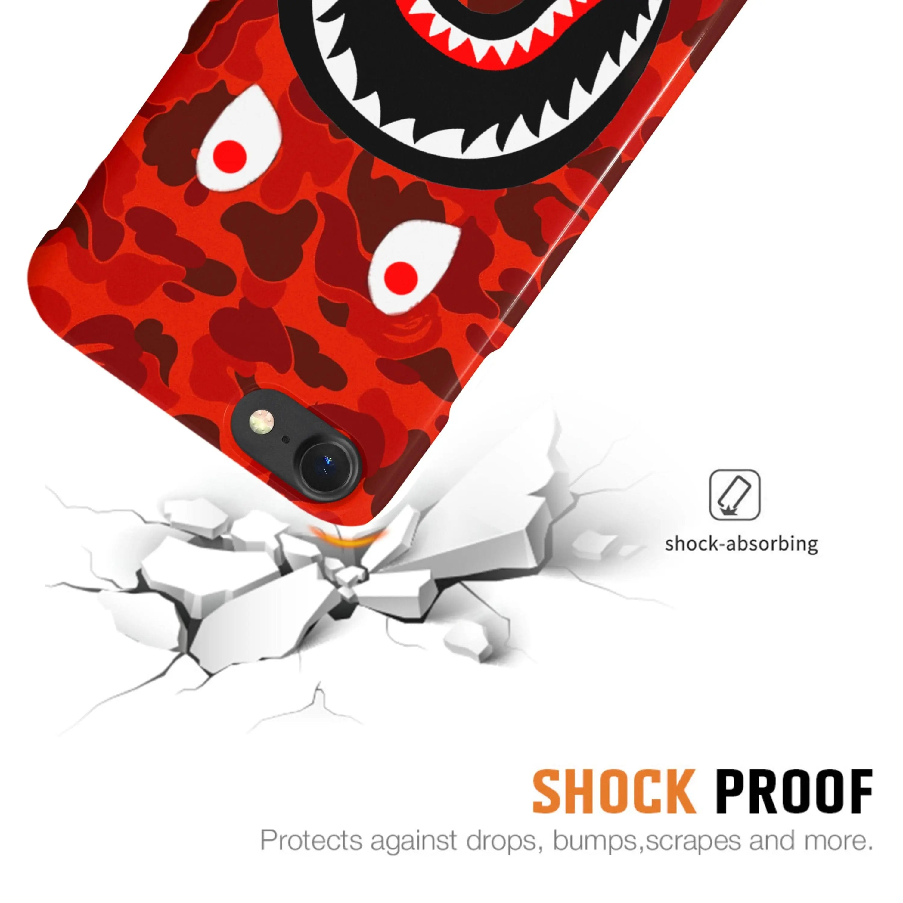 White Libra red camo shark mouth iPhone case made of durable TPU silicone with bold shark design.
