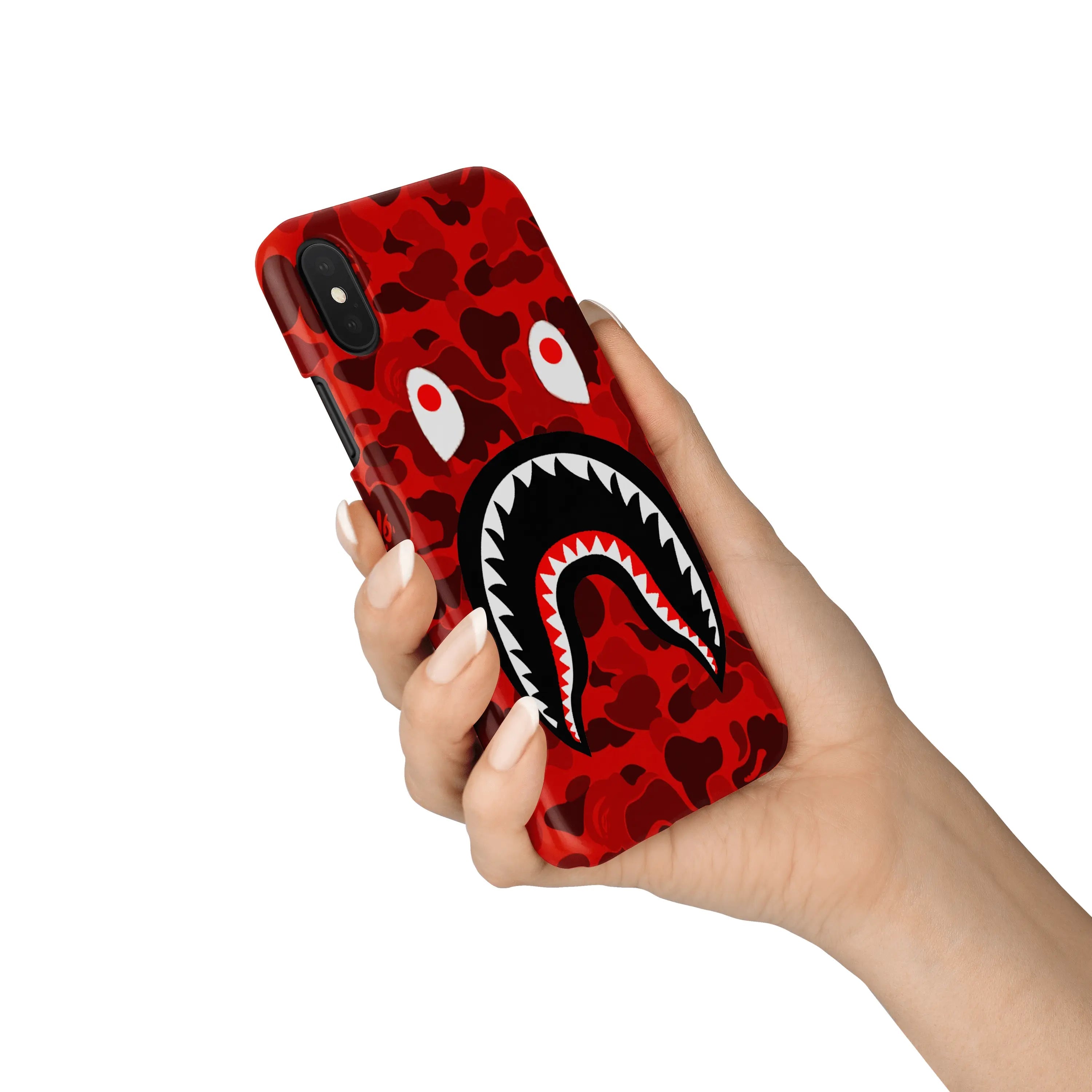 White Libra white TPU silicone iPhone case with red camo shark mouth design, durable tech accessory for Apple smartphones.