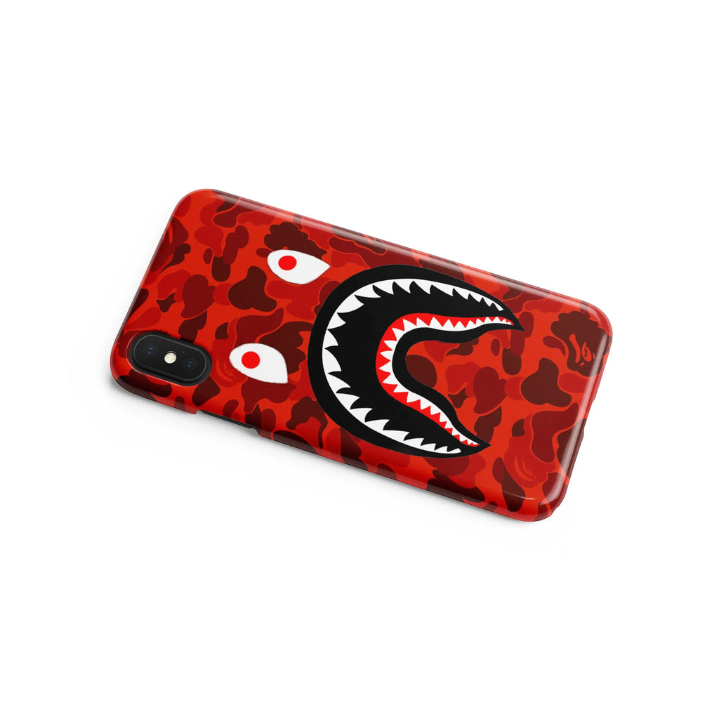 White Libra red camo shark mouth iPhone case with durable TPU silicone, featuring bold shark design and camouflage pattern.