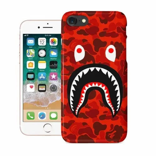 White Libra red camo shark mouth iPhone case made of durable TPU silicone with bold shark design for tech accessories.