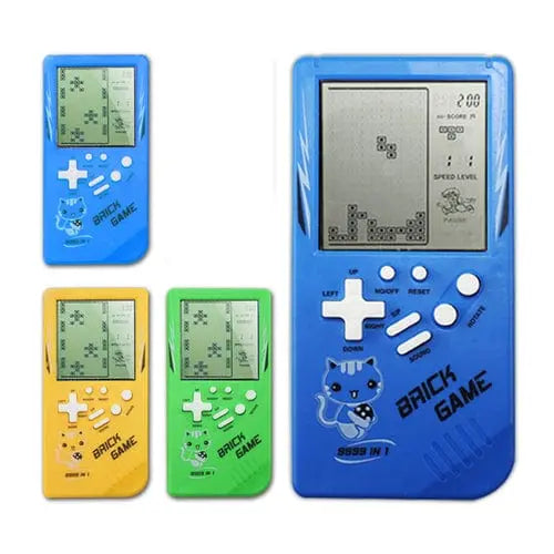 Teal Simba Retro Tetris handheld game player in yellow, with a colorful screen and classic Tetris controls, portable toy for children.