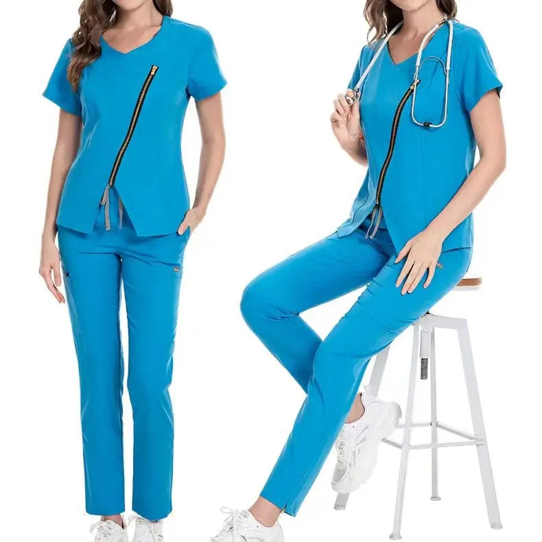Stretchy Showlu medical scrubs set with zip front for nurses and beauticians, featuring comfortable, reusable fabric in a professional style.