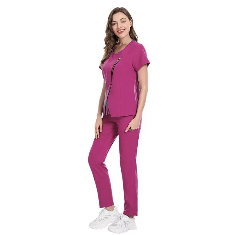 Stretchy Showlu medical scrubs uniform with zip closure, designed for nurses and beauticians, in a comfortable, reusable fabric.