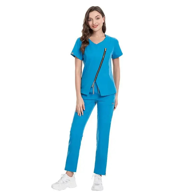 Showlu stretchy medical scrubs and nurse uniform set with zip closure, designed for comfort and durability in healthcare and beauty settings.