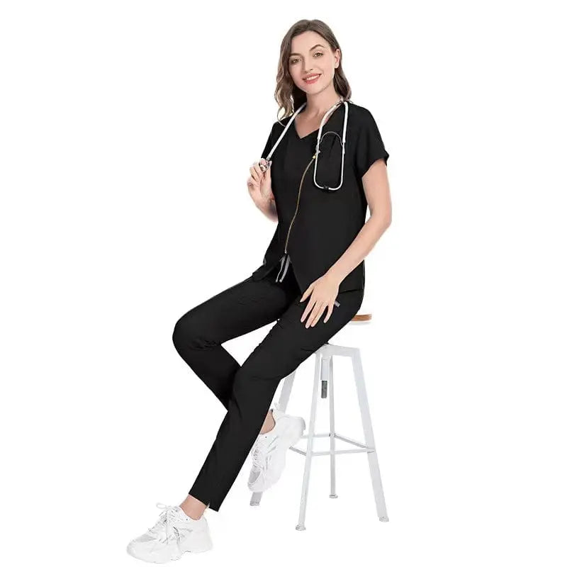 Stretchy reusable medical scrubs and nurse uniform set by Showlu Fashion Store, featuring a zip front design for healthcare professionals.
