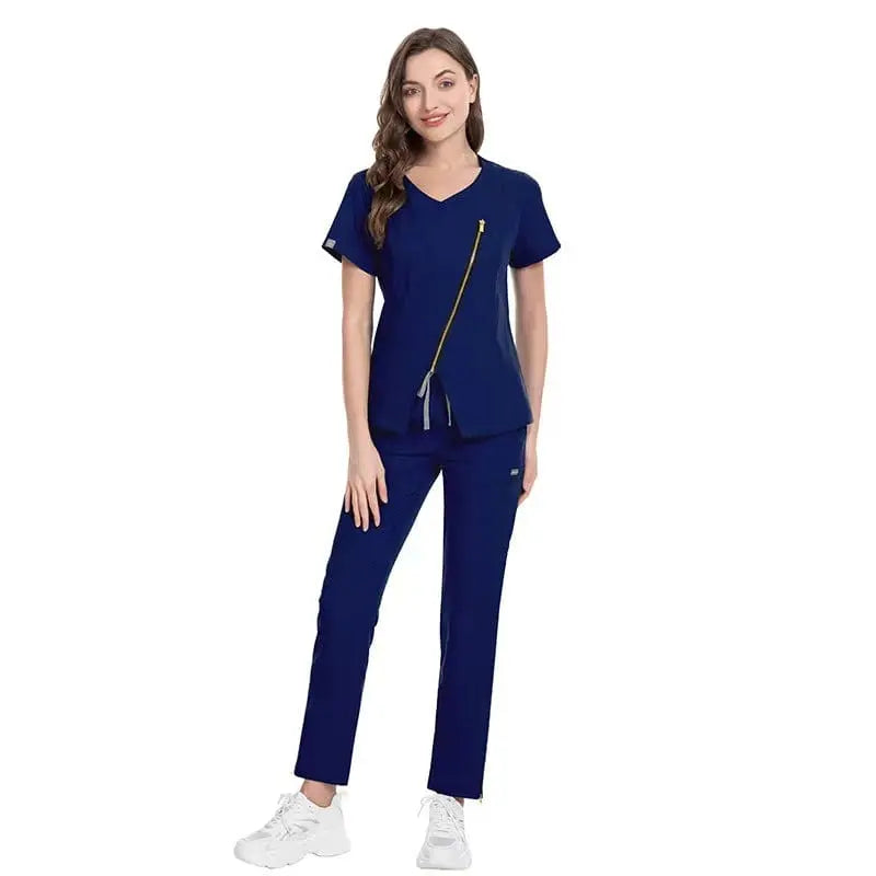 Stretchy Showlu medical scrubs and nurse uniform set with zip front, designed for comfort and durability in healthcare and beauty jobs.