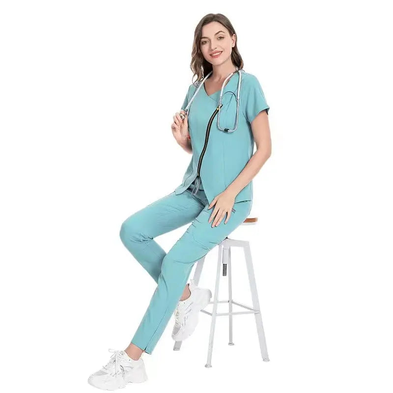 Stretchy medical scrubs and nurse uniform by Showlu Fashion Store, featuring a zip-front design for healthcare professionals and beauticians.