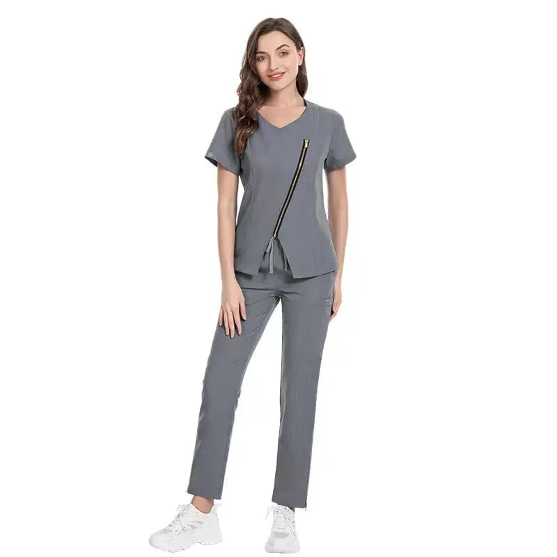 Showlu stretchy medical scrubs and nurse uniform set with zip design, ideal for nurses and beauticians, in comfortable, reusable fabric.