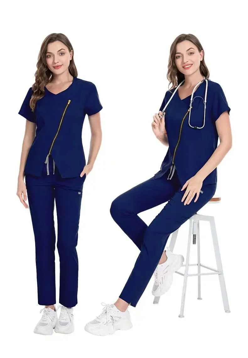 Stretchy medical scrubs and nurse uniform by Showlu Fashion, featuring a zip-front design for beauty professionals and healthcare workers.