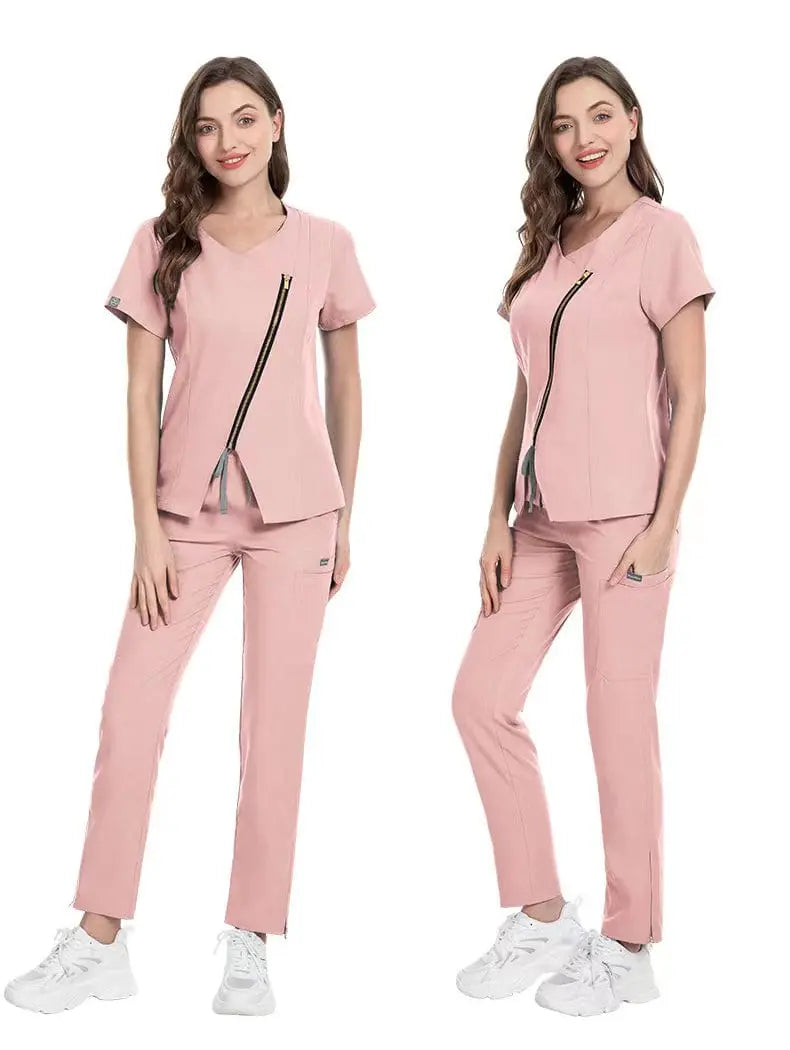 Stretchy Showlu medical scrubs and nurse uniform with a zip front, designed for comfort and durability in healthcare and beauty settings.