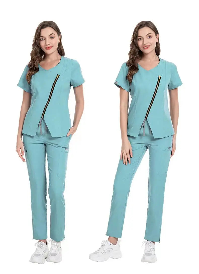 Reusable Showlu stretchy medical scrubs and nurse uniform with zip front, ideal for beauticians and healthcare professionals.