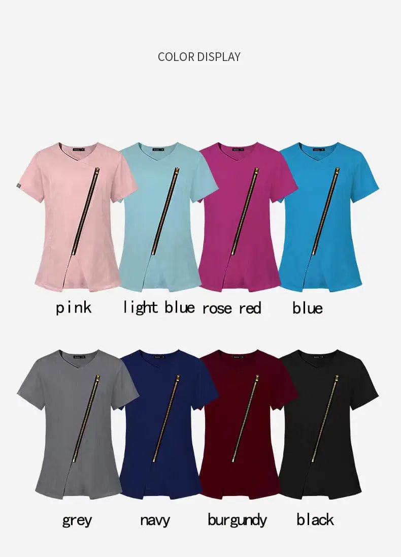 Stretchy medical scrubs and nurse uniform set by Showlu Fashion Store, featuring a zip-front design for healthcare professionals.