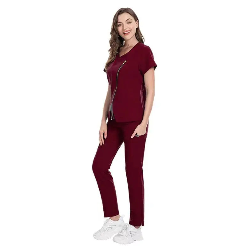 Stretchy medical scrubs and nurse uniform set by Showlu Fashion, featuring a zip-front design and comfortable fit for healthcare professionals.