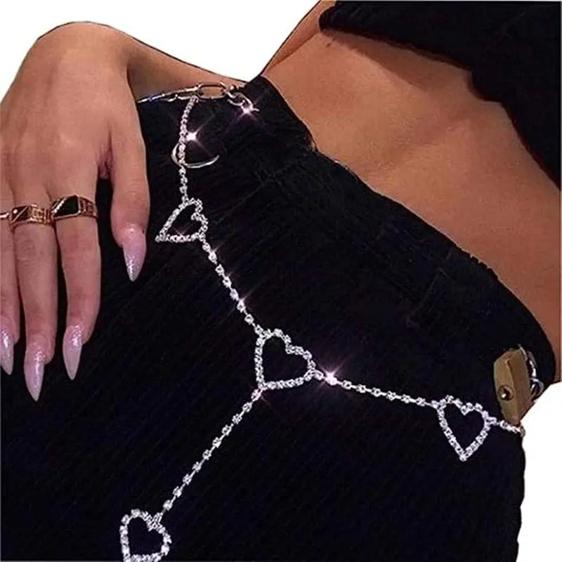 Showlu Heart Rhinestone Body Chain with crystal waist belt and belly jewelry, featuring a heart pendant for summer or festival wear.