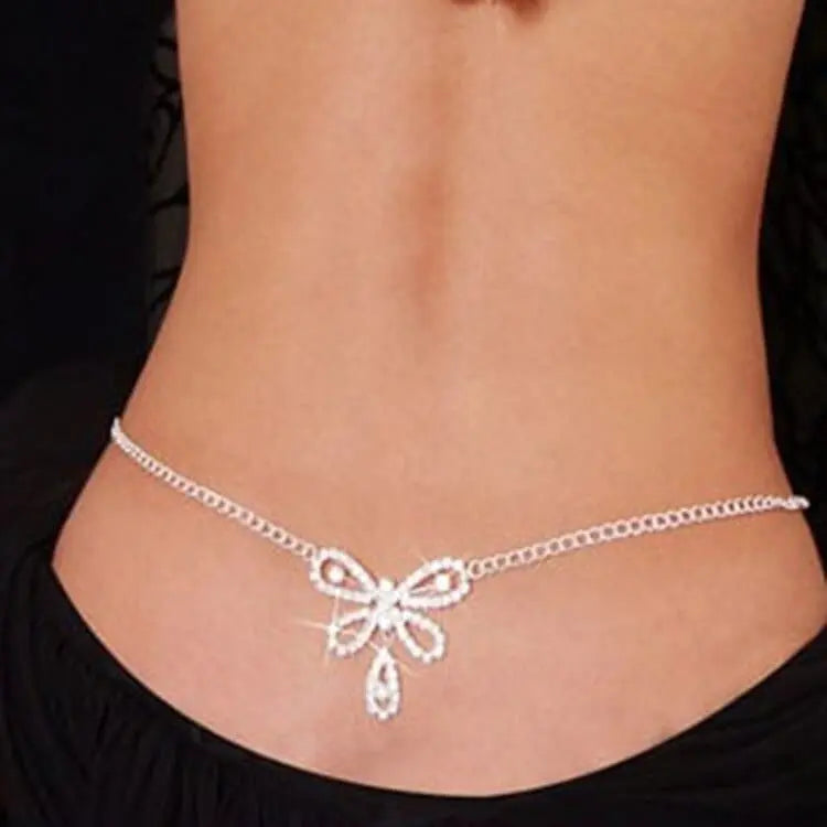 Showlu Heart Rhinestone Body Chain with crystal waist belt and pendant, perfect for summer beach and festival belly jewelry.