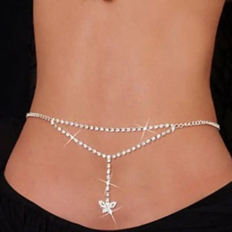 Showlu Heart Rhinestone Body Chain and Crystal Waist Belt with heart pendant, ideal for summer beach or festival belly jewelry.