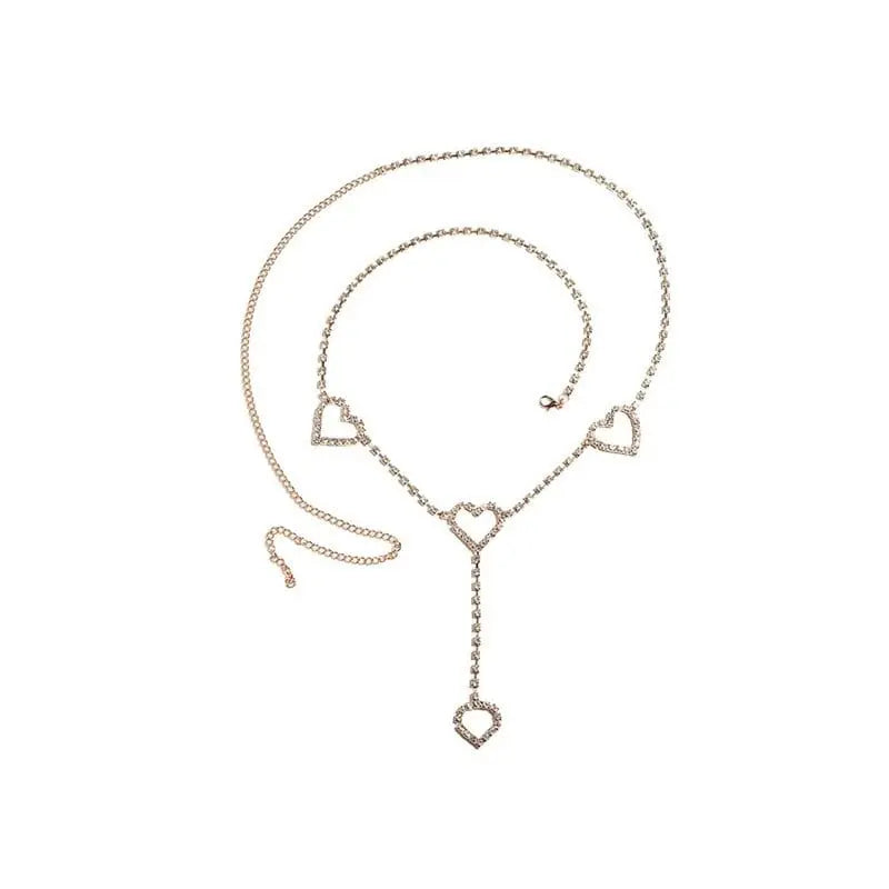 Showlu Heart Rhinestone Body Chain featuring crystal waist belt and belly jewelry, perfect for summer beach festivals and stylish outfits.