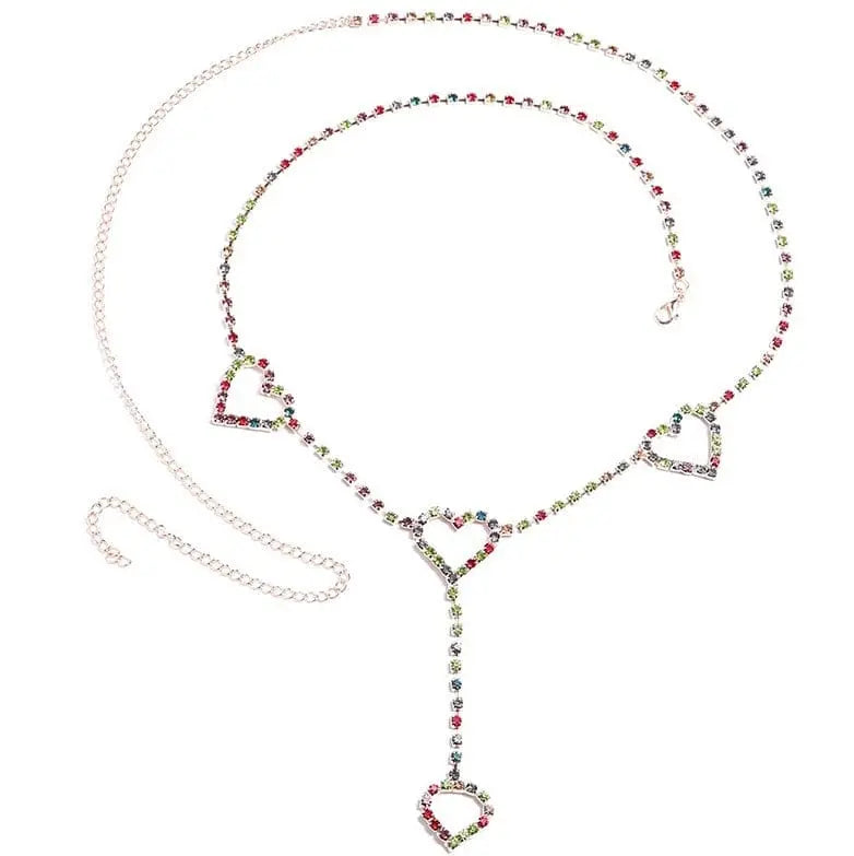 Showlu Heart Rhinestone Body Chain with crystal waist belt and belly jewelry, featuring a heart pendant, perfect for summer festivals.