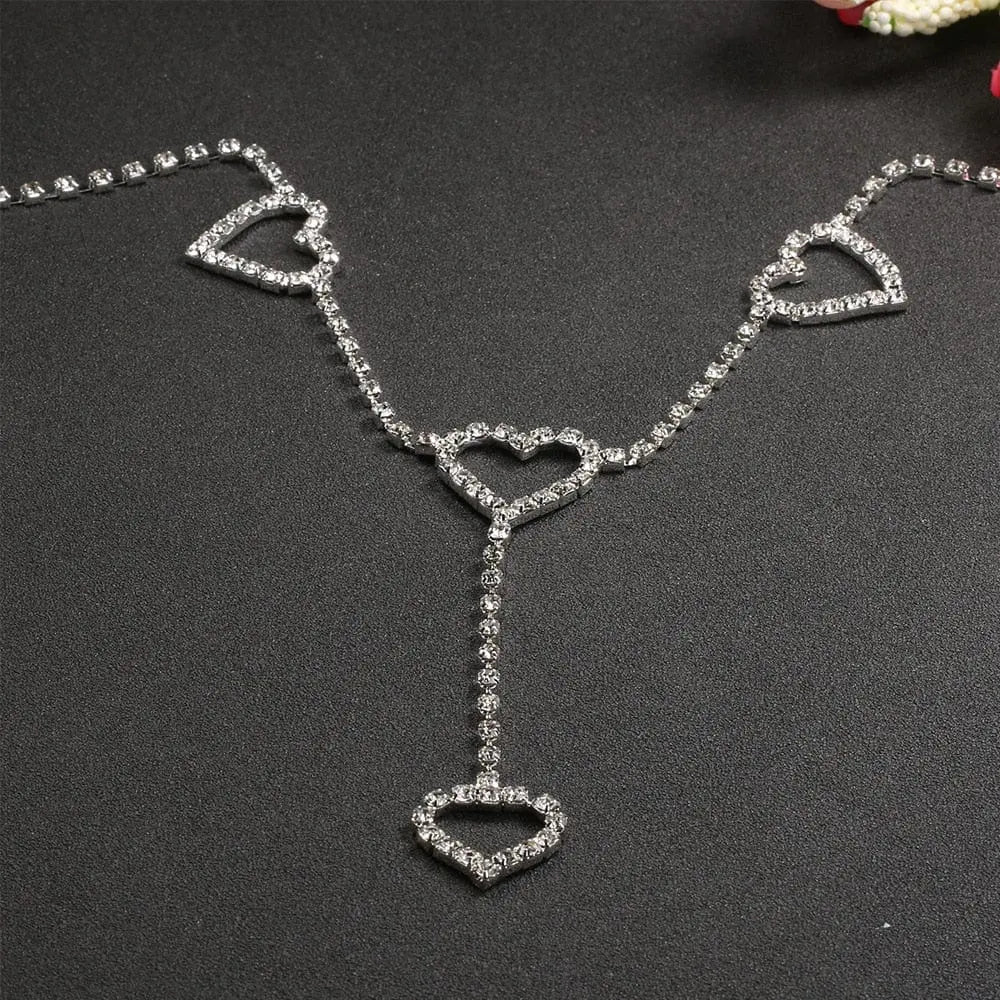 Showlu Heart Rhinestone Body Chain with crystal waist belt and belly jewelry, featuring a heart pendant, perfect for summer beach or festival wear.