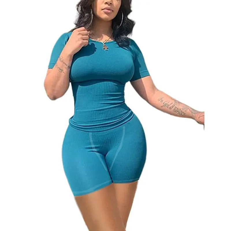 Showlu Fashion women's ribbed knit lounge set with matching shorts, casual and comfortable two-piece outfit.