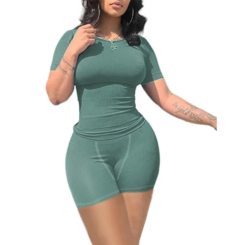 Showlu Fashion women's ribbed knit lounge set with matching shorts, casual two-piece outfit for comfortable everyday wear.