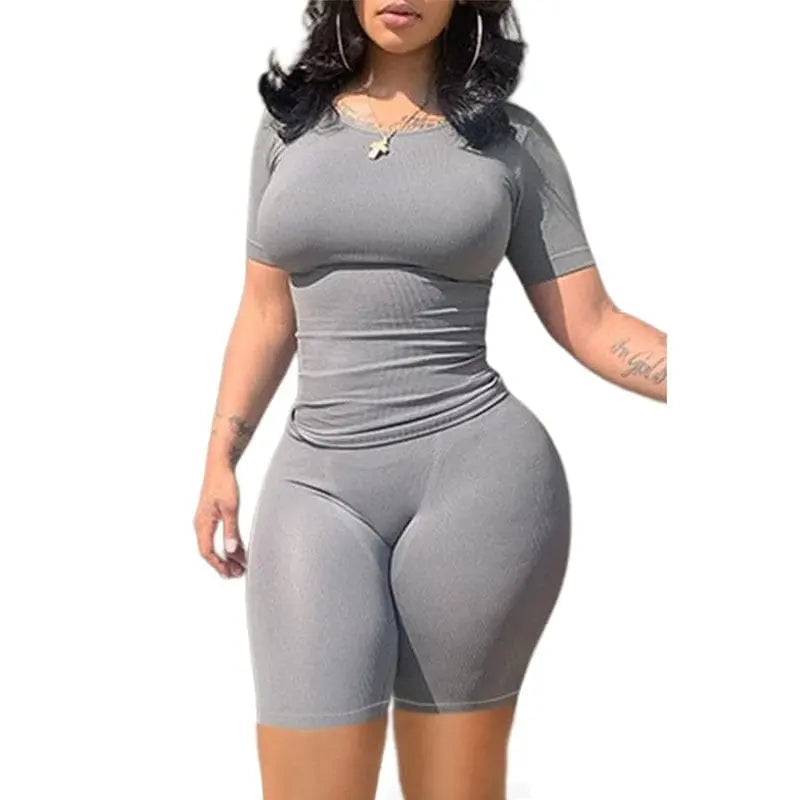 Showlu Fashion women's ribbed knit two-piece lounge set with shorts and matching top, casual and comfortable for relaxed wear.