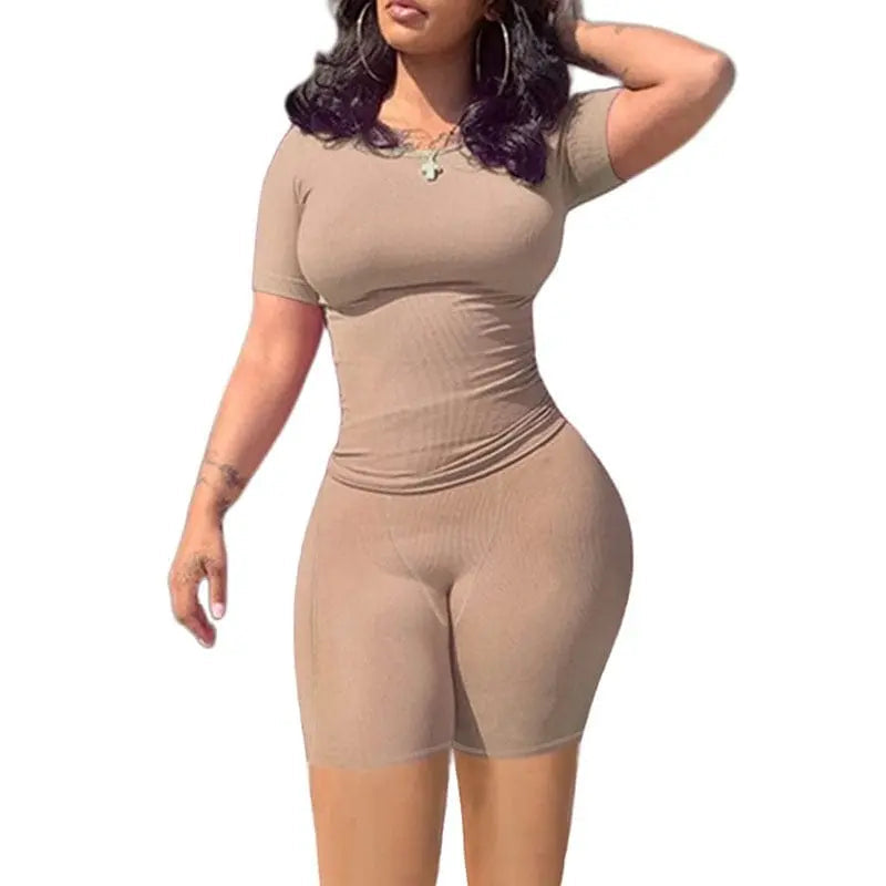 Showlu Fashion women's ribbed knit lounge set with matching shorts, casual two-piece outfit for comfortable everyday wear.