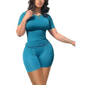 Showlu Fashion women's ribbed knit lounge set with matching shorts, casual two-piece outfit for relaxed comfort.