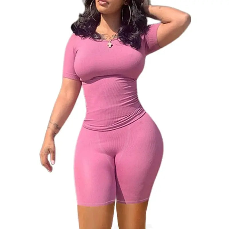 Showlu Fashion women's ribbed knit lounge set with matching shorts, casual two-piece outfit for comfortable everyday wear.